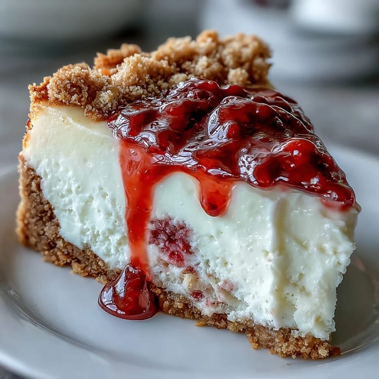 Indulgent White Chocolate Raspberry Cheesecake Bliss served chilled with a buttery crust.