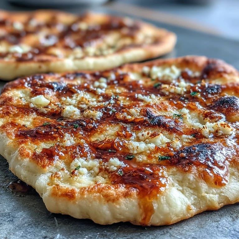 Fluffy, warm The Best Easy Garlic Naan Bread brushed generously with garlic butter, perfect for scooping up rich curry.