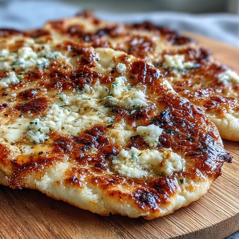 Freshly baked The Best Easy Garlic Naan bread with visible bubbles and charred spots, ready to be served with a meal.
