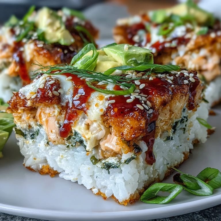Golden-bubbly spicy salmon sushi bake fresh from the oven, topped with sesame seeds and sliced avocado ready to serve.