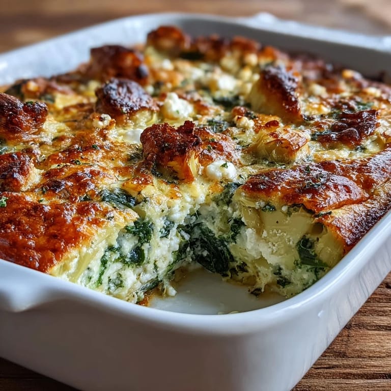 A slice of High Protein Spinach Artichoke Bake beside fresh herbs, highlighting a low-carb, high-protein vegetarian dinner option.