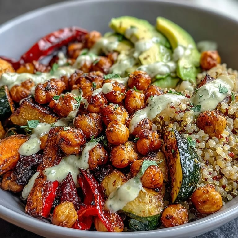 Creamy tahini dressing drizzles over quinoa, spinach, and avocado in this bowl.