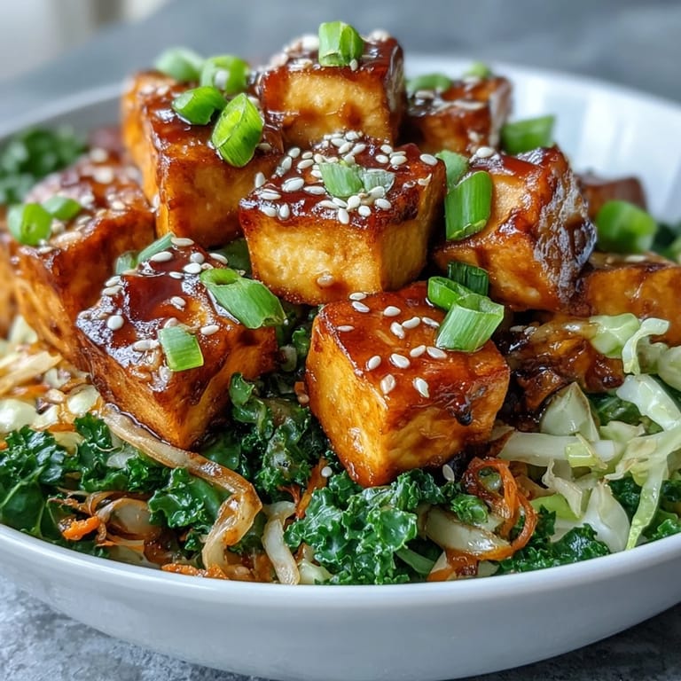 A close-up view of a hearty Tofu Egg Roll in a Bowl served in a ceramic dish, topped with sesame seeds and fresh green onions.