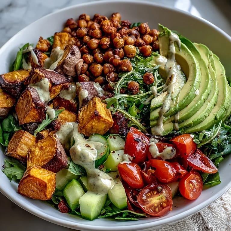 Freshly assembled Breakfast Buddha Bowl featuring mixed greens, juicy tomatoes, cucumbers, and golden chickpeas, perfect for an easy vegan morning meal.
