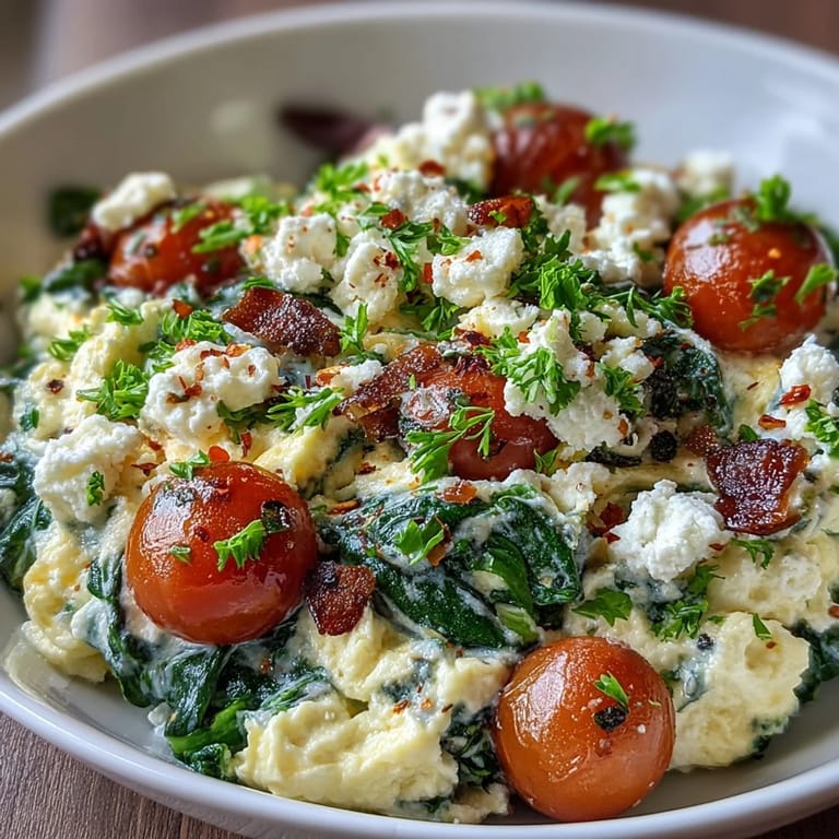 The Spinach and Feta Breakfast Bowl showcases fluffy eggs and bright red cherry tomatoes on top.
