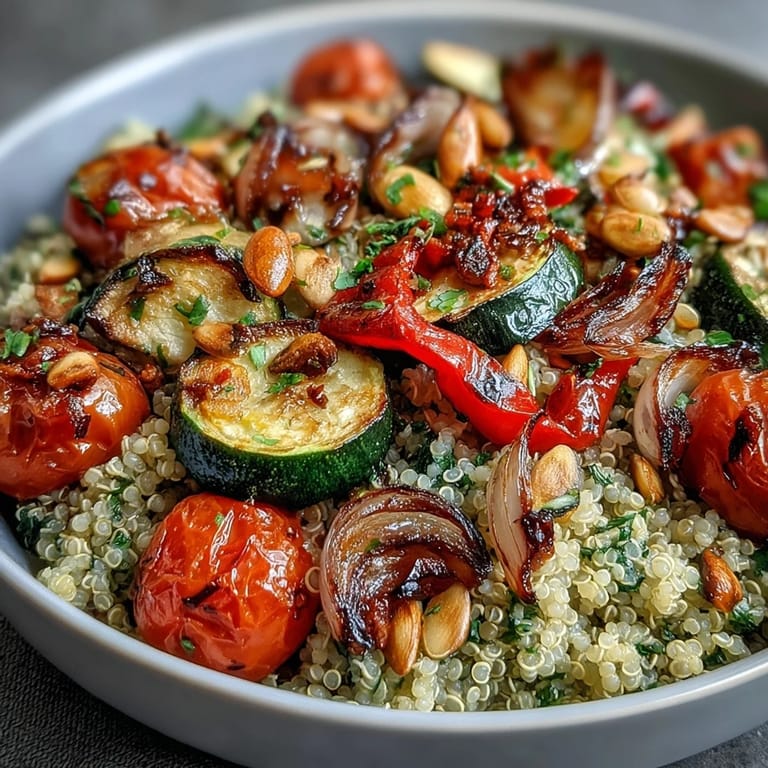 This colorful Veggie and Quinoa Power Bowl features chickpeas, crunchy almonds, and pepitas on a bed of warm grains.