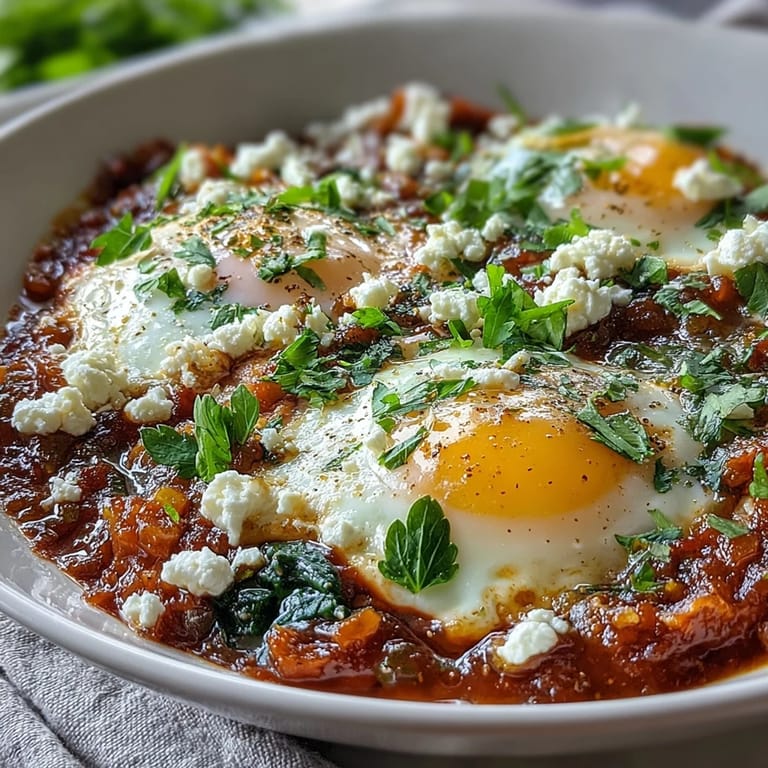 A close-up of a rich, red Shakshuka Bowl topped with crumbled feta and fresh cilantro, with soft-runny egg yolks.