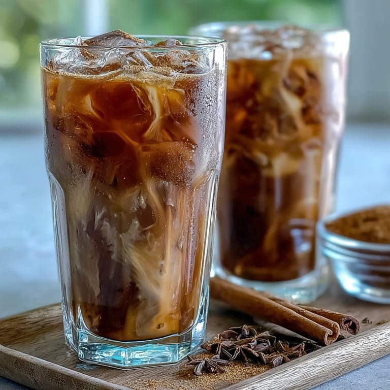 A pitcher of Iced Hojicha with Cinnamon beside frothy milk and cinnamon sticks, perfect for a Japanese fusion drink.