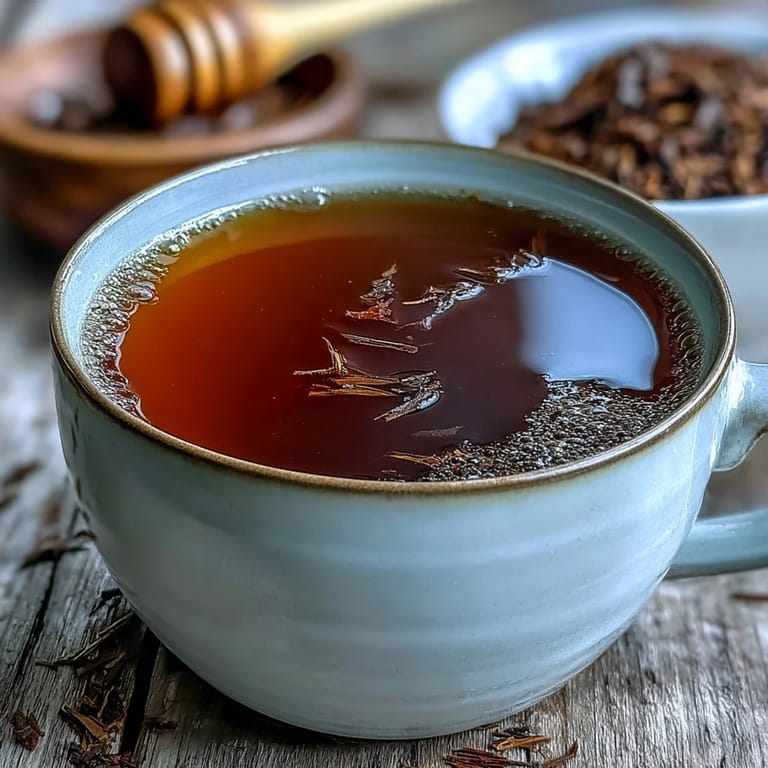 Steaming Hojicha Americano in a clear mug, showcasing the rich brown color and delicate loose tea leaves.