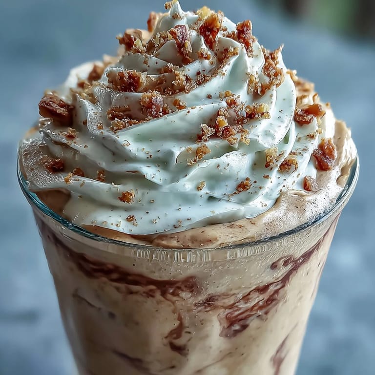 Two glasses of Hojicha milkshake with crushed nuts, ready to sip with a straw.
