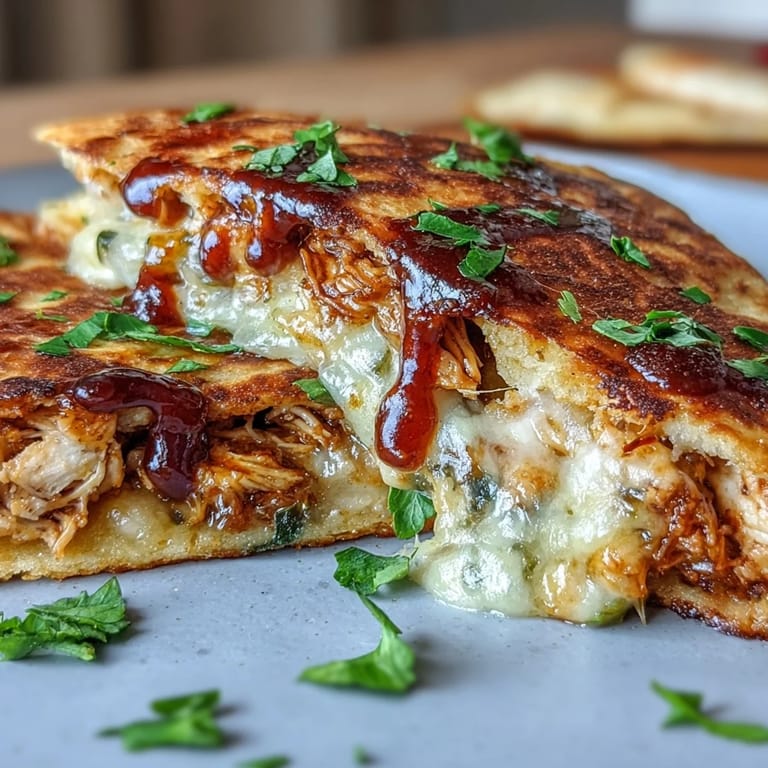 Freshly cooked Hot Honey BBQ Chicken Quesadillas cut into wedges, revealing juicy shredded chicken, sweet and spicy sauce, and colorful bell peppers, displayed on a rustic wooden board with a side of guacamole and lime wedges.