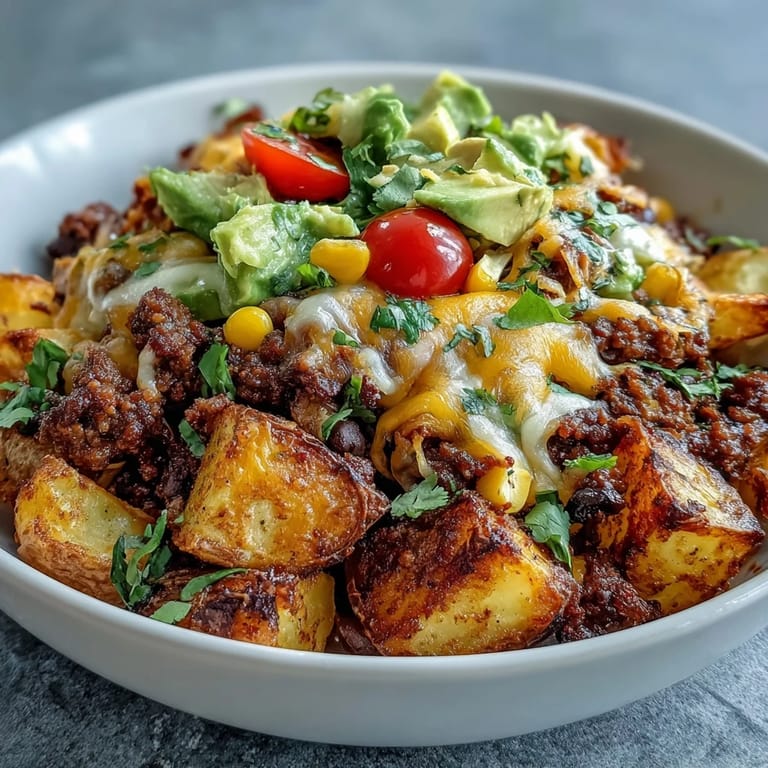 Sizzling ground meat and black beans over crispy potatoes in a Loaded Potato Taco Bowl with lime wedges.