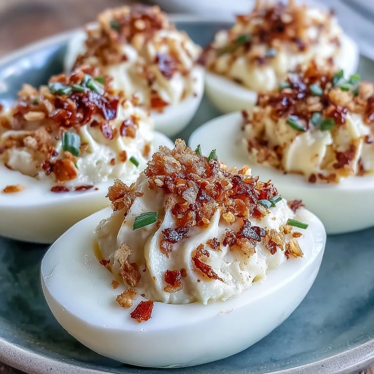 Easy Spicy Chili Garlic Deviled Eggs topped with sizzling chili crisp and scallions, ready to serve with chilled white wine.