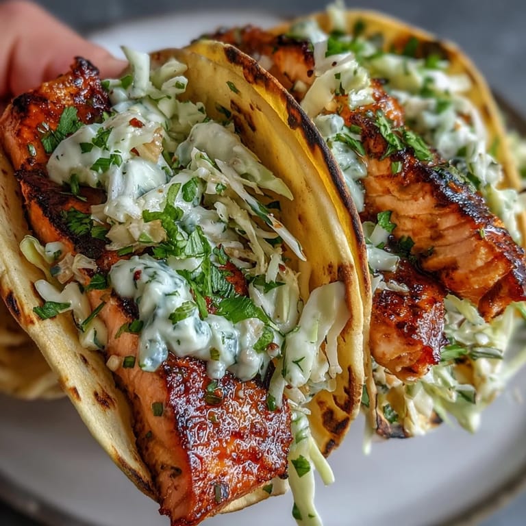 Golden air fried salmon tacos with slaw resting on a platter, garnished with fresh cilantro and lime wedges for serving.
