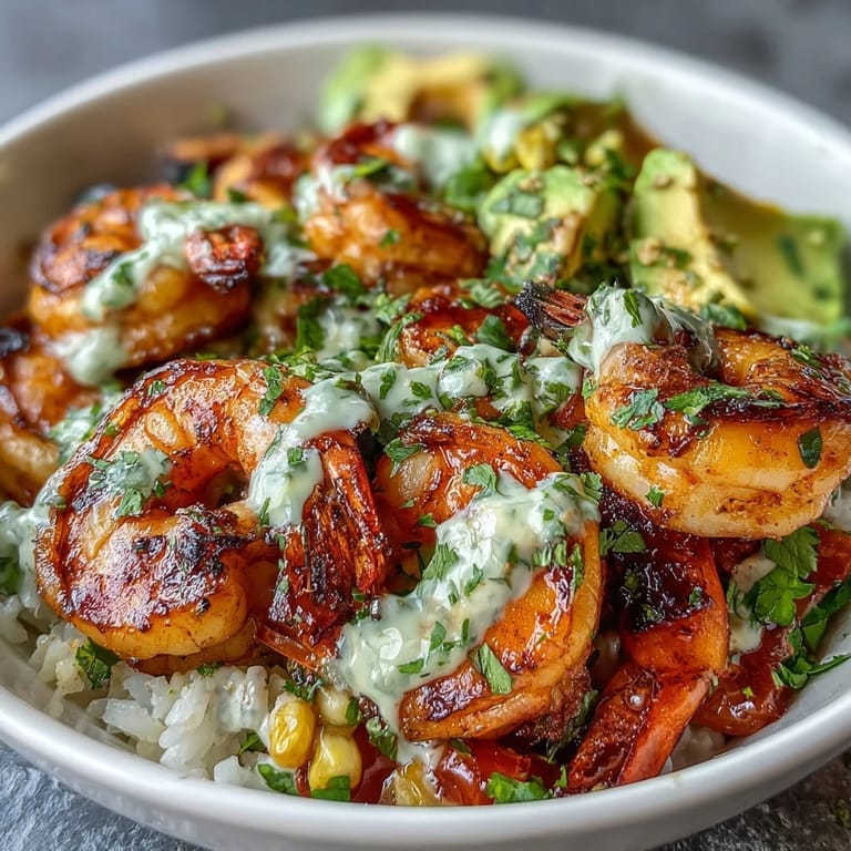 Colorful Grilled Shrimp Bowl with Avocado, Corn Salsa & Creamy Garlic Sauce served over quinoa with lime wedges on the side.