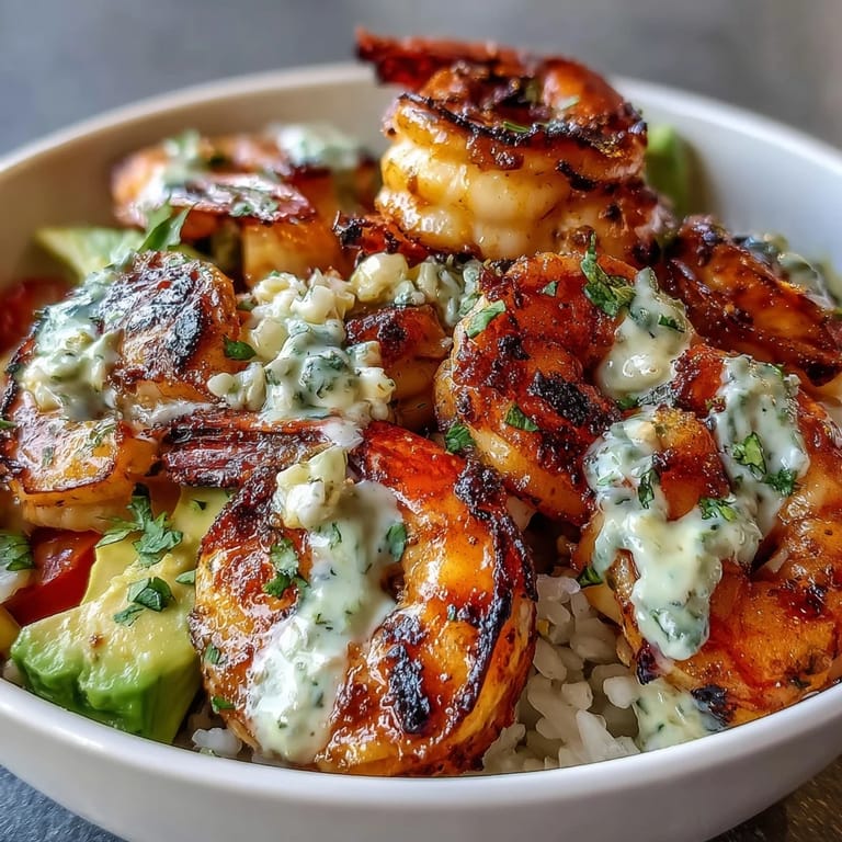 Healthy Grilled Shrimp Bowl with Avocado, Corn Salsa & Creamy Garlic Sauce drizzled with creamy sauce, ready for a quick weeknight meal.