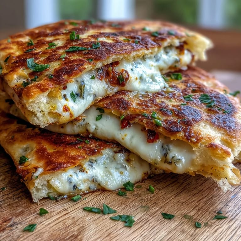 Freshly sliced wedges of Brown Butter Garlic Naan Grilled Cheese beside a small bowl of tomato soup.
