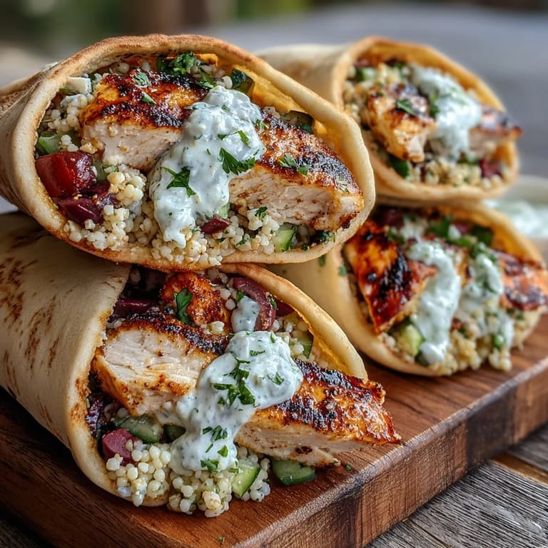 Freshly assembled Greek Chicken Feta Stuffed Pitas ready to serve with lemon wedges.