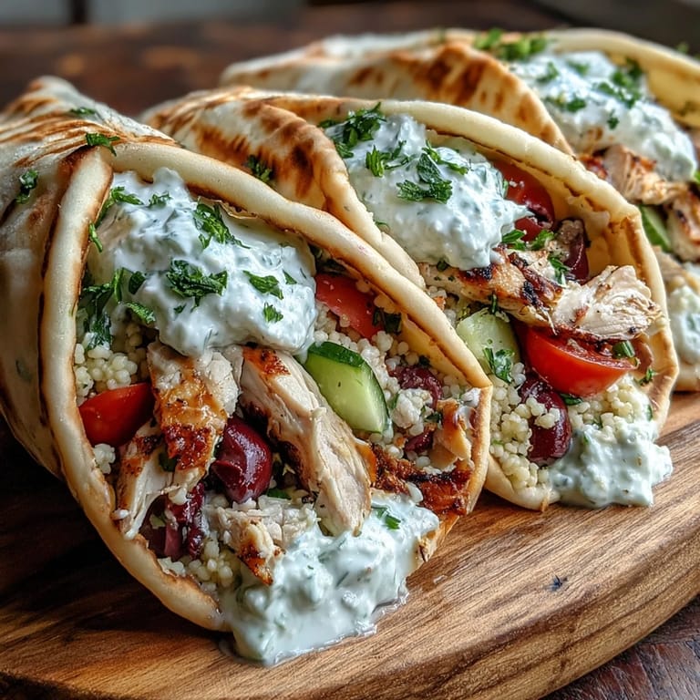 Close-up of Greek Chicken Feta Stuffed Pitas revealing juicy meat and feta garnish.
