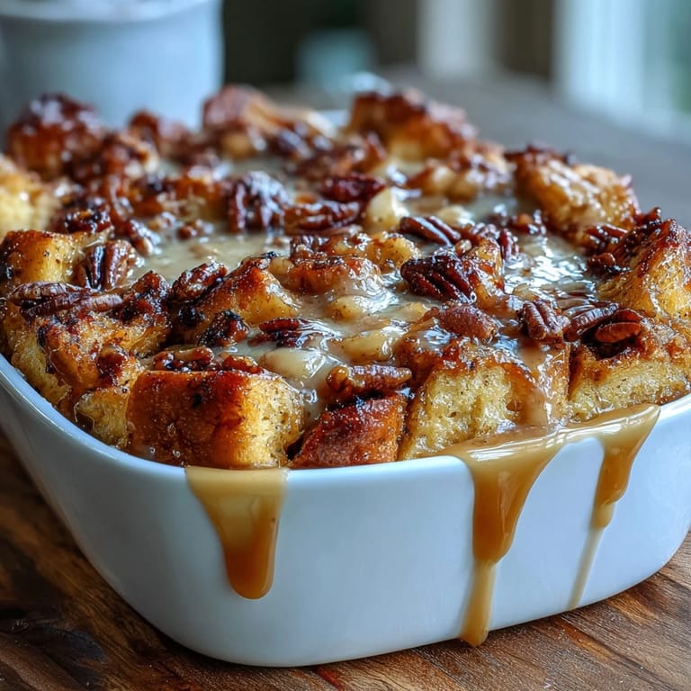 Hearty squares of Caramel Apple Cheesecake Bread Pudding with tender apple chunks and rich cream cheese custard, ready for a fall dessert table.