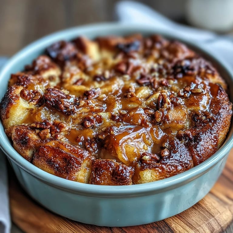 Close-up of Caramel Apple Cheesecake Bread Pudding revealing a moist, custardy interior, cinnamon spice, and caramel drizzle on a rustic plate.