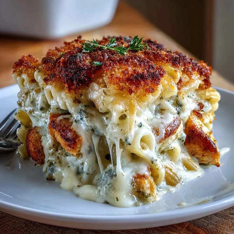 A hearty serving of Baked Pesto Chicken Mac & Cheese on a plate, paired with a fresh green salad.