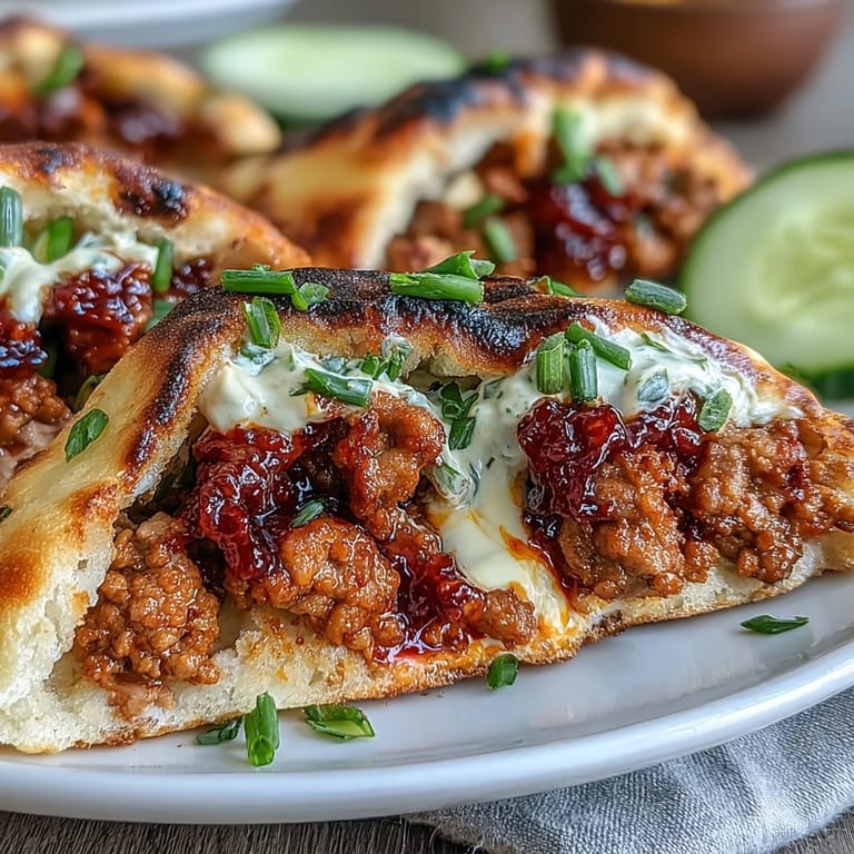 Savory Korean turkey stuffed naan pockets served on a plate with sesame seeds and cilantro garnish for a quick weeknight meal.