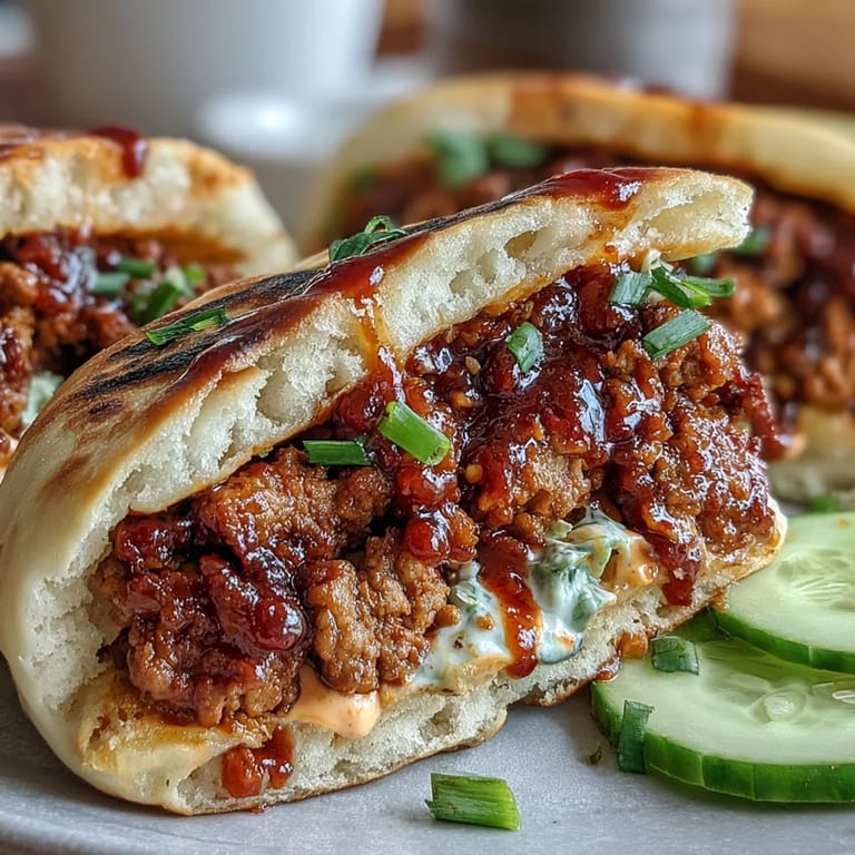 Golden toasted naan bread stuffed with seasoned Korean turkey and cool cucumbers drizzled with tangy gochujang mayo sauce.