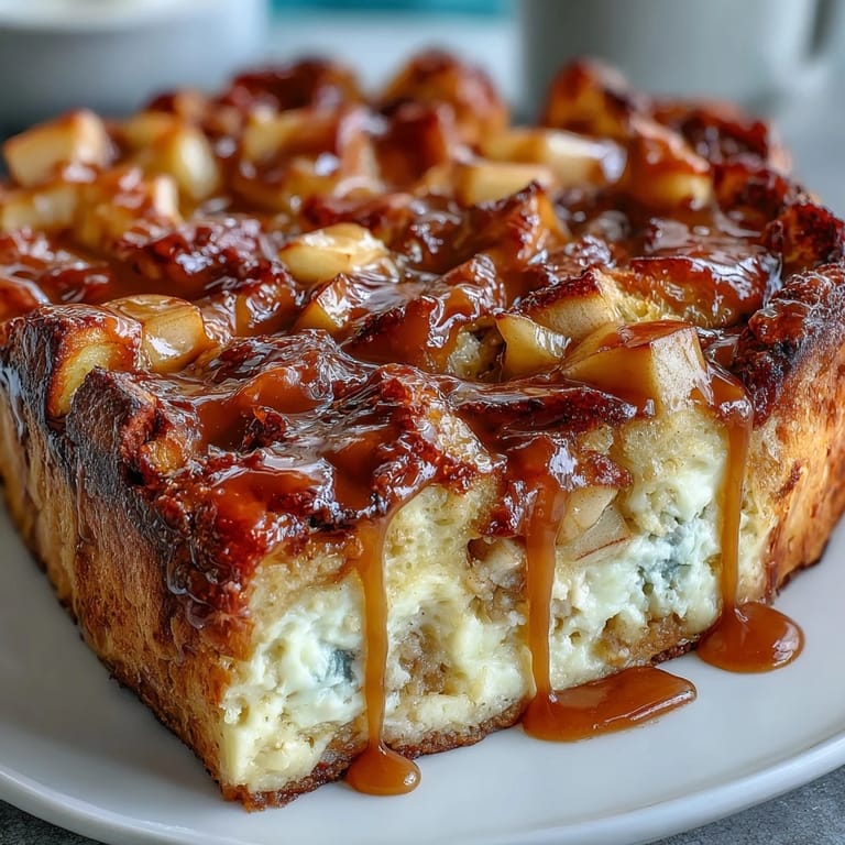 Golden slices of Caramel Apple Cheesecake Bread Pudding are served warm, highlighting a gooey caramel drizzle and tender apple chunks.