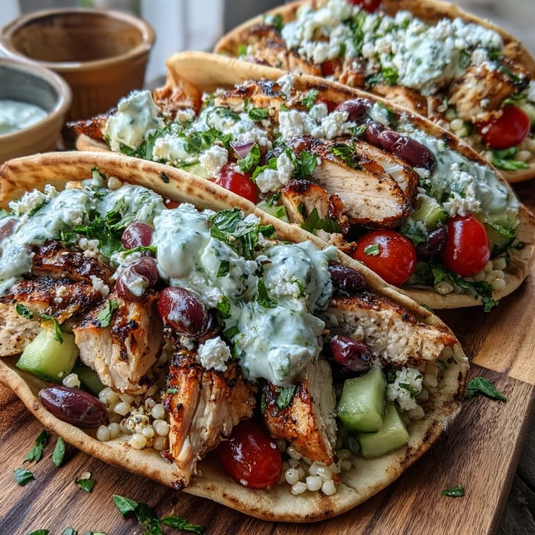 Sizzling sliced chicken and vibrant Mediterranean ingredients stuffed into soft pita bread for a delicious meal.