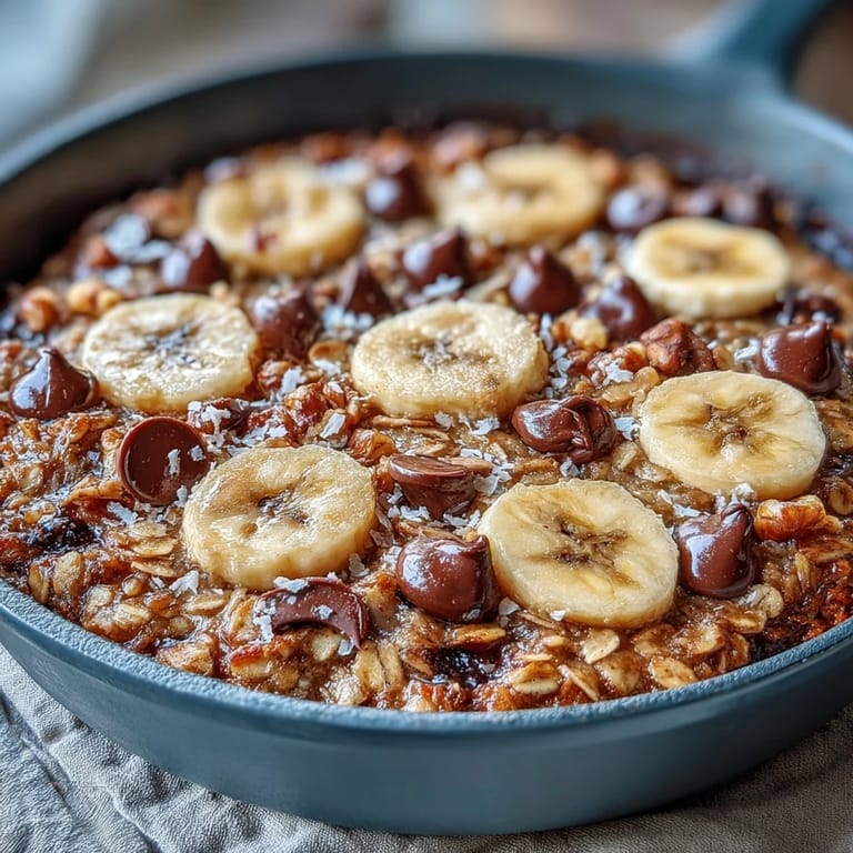 Delicious Chunky Monkey Oatmeal Cookie Skillet topped with a scoop of vanilla ice cream melting over the edges.