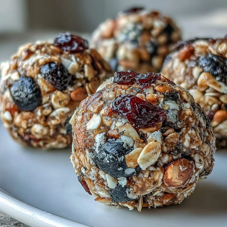 A close-up side view of one Vegan Lemon Blueberry Energy Bite showing chewy oats, chopped nuts, and sticky date center.
