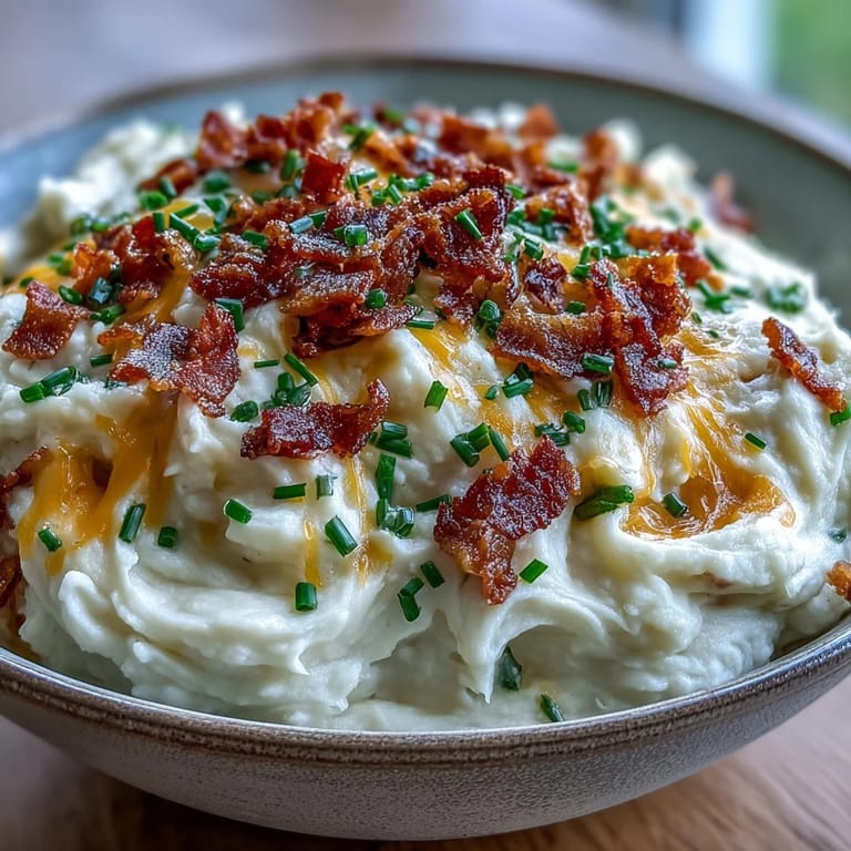 A spoonful of smooth Keto Bacon and Cheddar Cauliflower Mash revealing melted sharp cheddar and savory bacon in a rustic bowl.