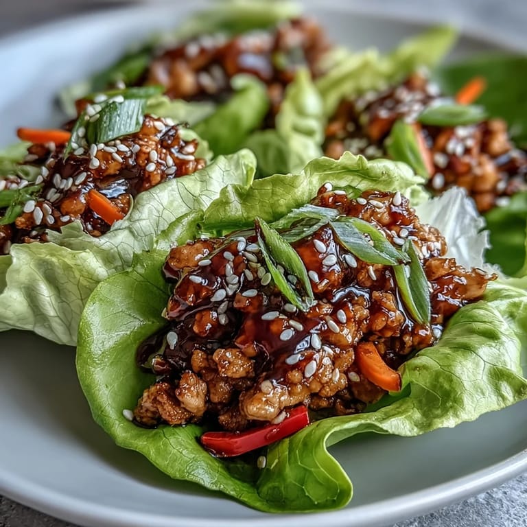 Lean ground chicken mixture simmering with ginger and garlic before being scooped into lettuce cups for dinner.