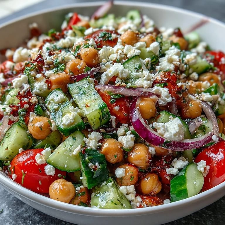Tossing Mediterranean Chickpea Salad with zesty lemon-oregano vinaigrette, highlighting chickpeas, diced bell pepper, and vibrant veggies ready for a refreshing lunch.
