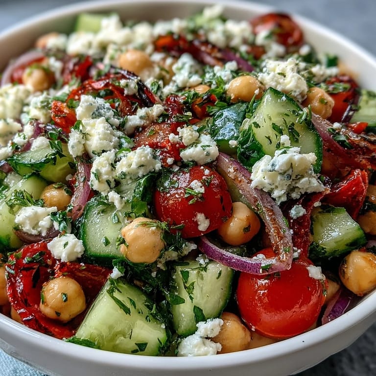 Mediterranean Chickpea Salad served in a ceramic bowl, garnished with parsley and feta, perfect with warm pita or as a light vegetarian side.