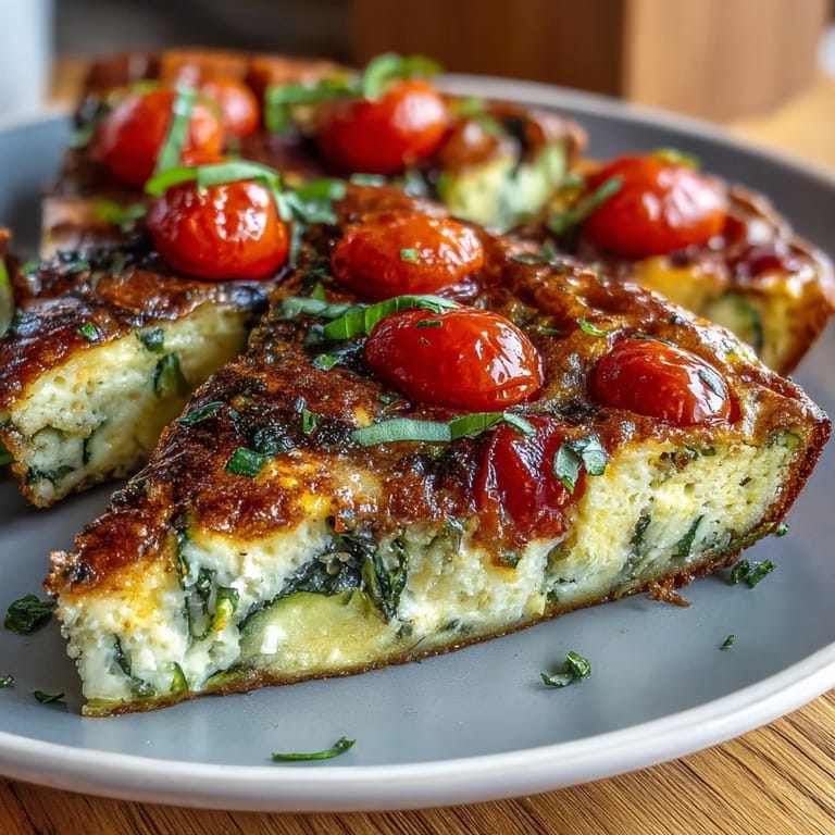 A slice of Light Zucchini and Tomato Frittata on a white plate, garnished with fresh basil, ideal for a healthy low-carb brunch. 