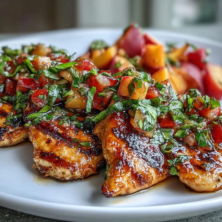 Sliced Grilled Chicken with Peach Basil Salsa plated over herbed couscous, garnished with lime wedges and basil sprigs