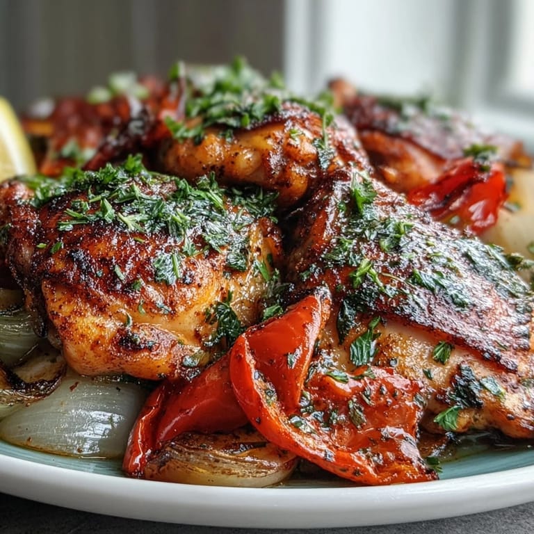 A rustic serving of One-Pan Paprika Chicken, featuring juicy thighs and colorful roasted vegetables perfect for a family dinner.
