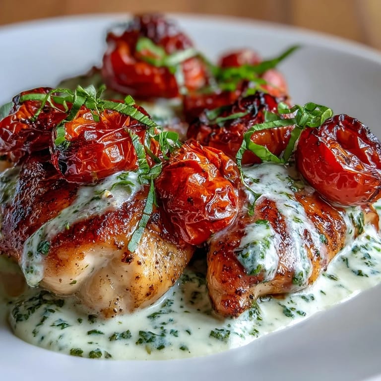 Tender Keto Creamy Pesto Chicken served over zucchini noodles, garnished with fresh basil and Parmesan cheese.