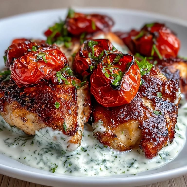 Juicy Keto Creamy Pesto Chicken plated family-style, featuring vibrant roasted tomatoes and a low-carb dinner presentation.