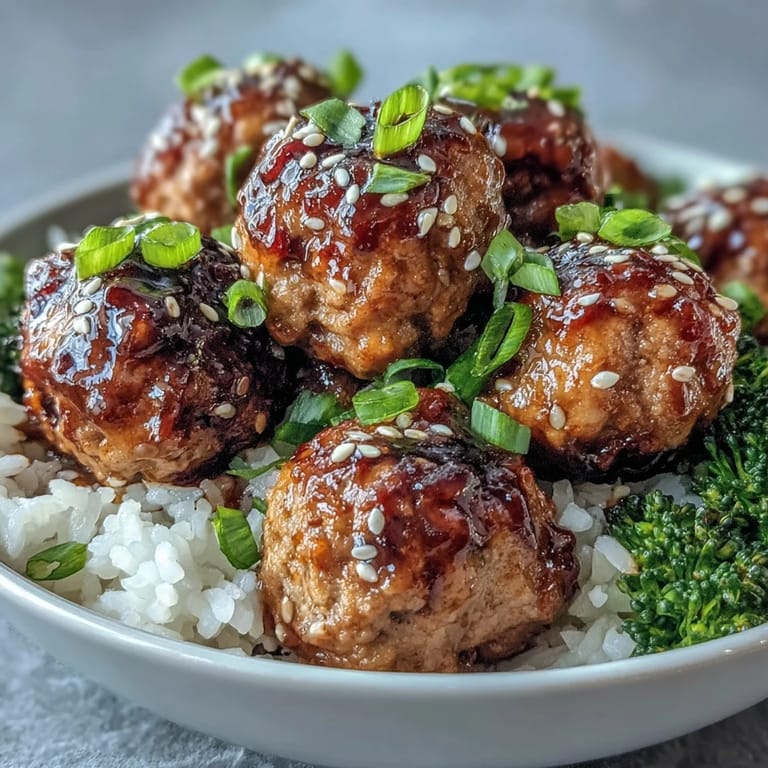 Close-up of glazed honey garlic turkey meatballs glistening with sauce, served in a ceramic bowl with sesame seeds.