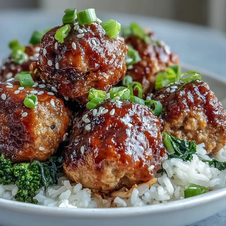 A fresh, vibrant bowl of honey garlic turkey meatballs, broccoli, and jasmine rice topped with sliced green onions.