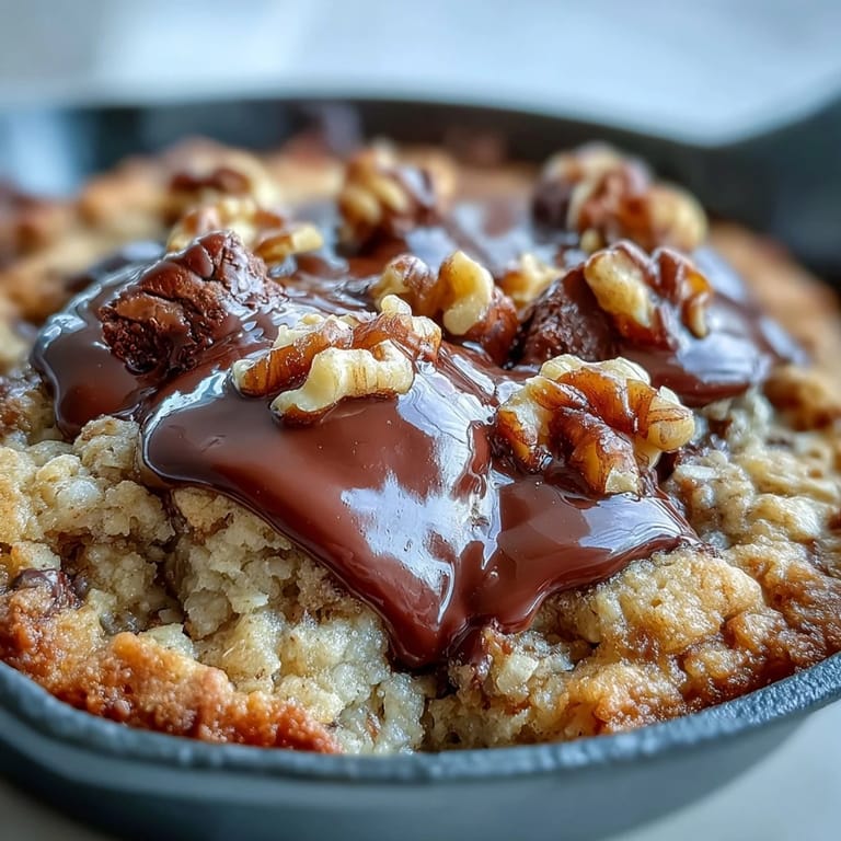 Freshly baked Chunky Monkey Oatmeal Cookie Skillet with gooey chocolate and ripe bananas, ready to share right from the pan.