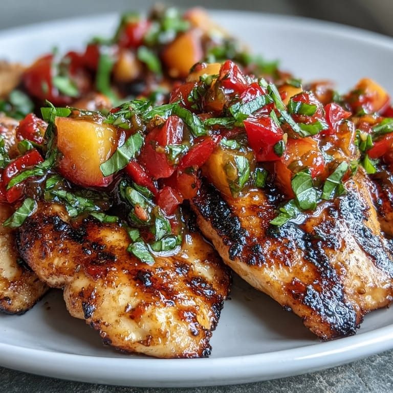 Sliced Grilled Chicken with Peach Basil Salsa plated over herbed couscous, garnished with lime wedges and basil sprigs