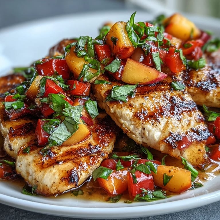 Tender grilled chicken breasts topped with bright peach basil salsa, featuring juicy diced peaches and fresh basil leaves