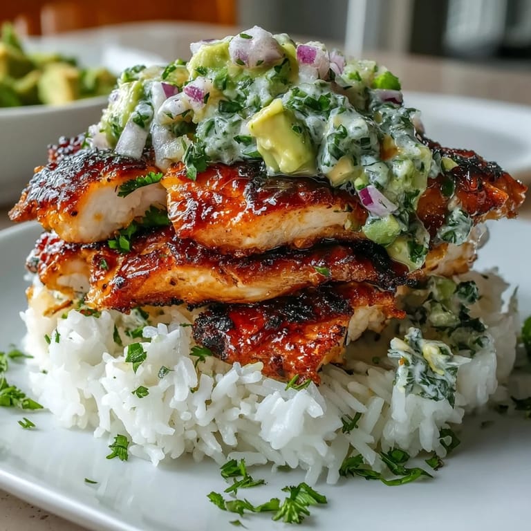 Tangy Honey Lime Chicken & Avocado Rice Stack, served with fresh lime wedges, ready to enjoy.