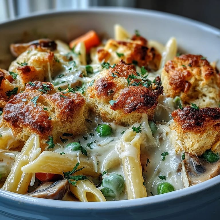 Serve this comforting Creamy Veggie Pot Pie Pasta in a deep bowl with fresh parsley garnish.