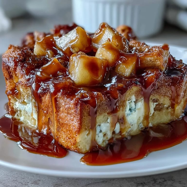 A freshly baked Caramel Apple Cheesecake Bread Pudding in a ceramic dish, featuring a golden-brown top, rich custard, and cream cheese filling.