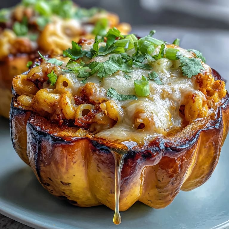 Vegetarian chili mac mac and cheese served inside tender acorn squash, garnished with cilantro and green onions for a vibrant, hearty meal.